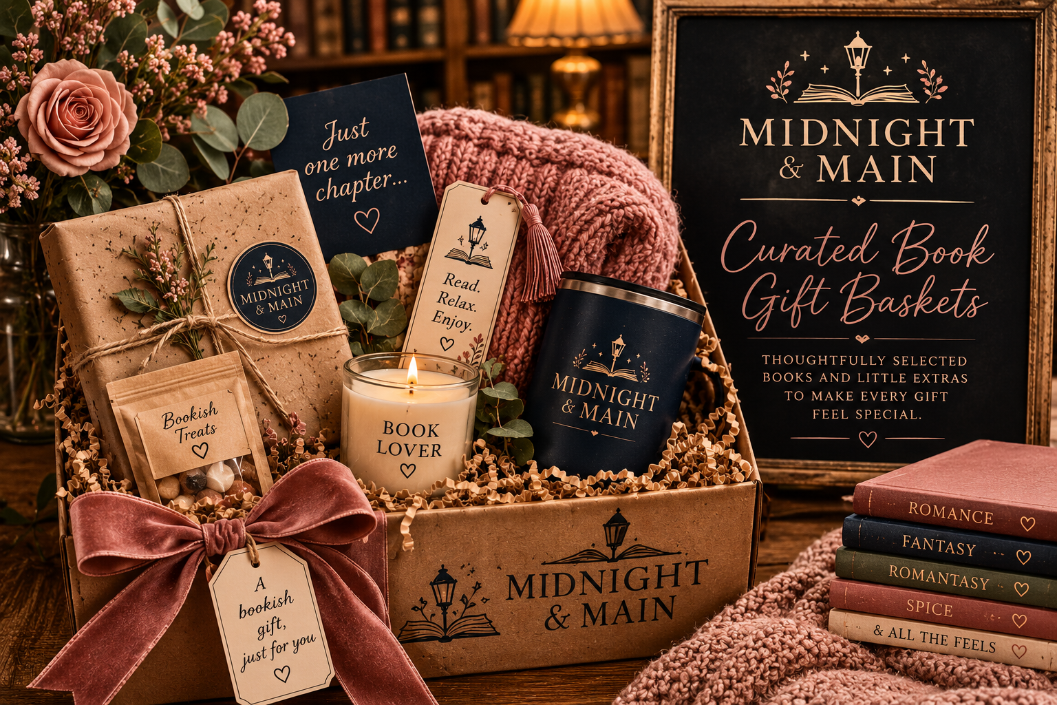 Curated book gift basket with books and cozy accessories