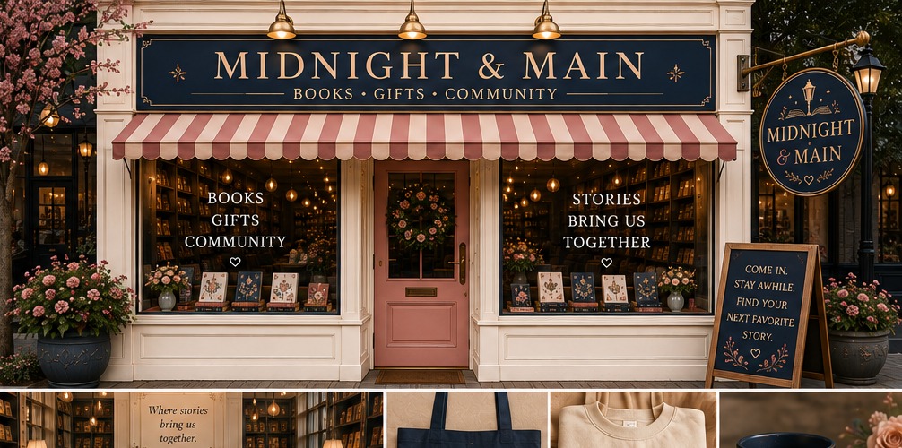 Cozy Midnight & Main-inspired bookstore storefront